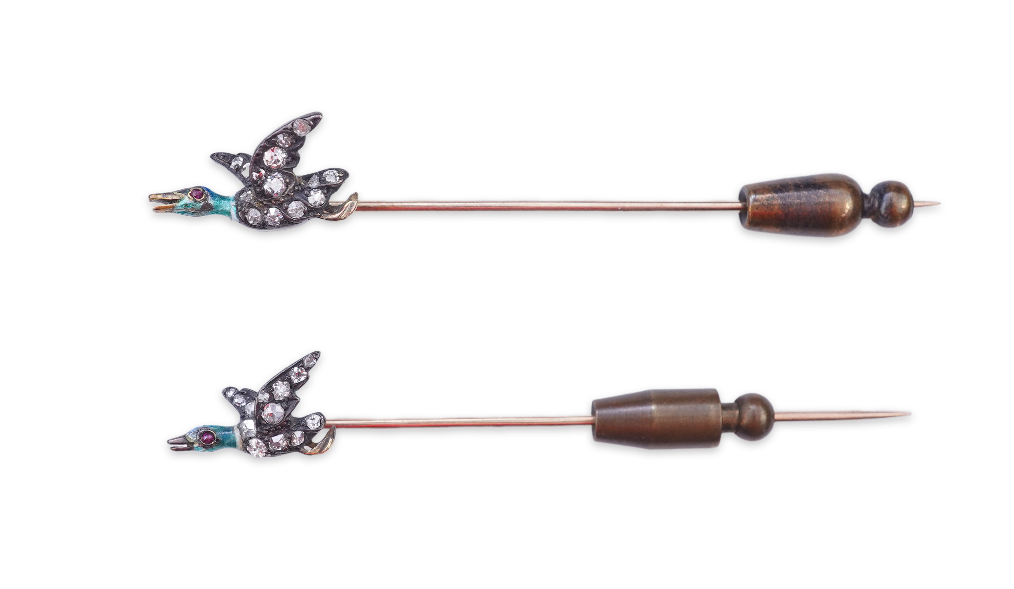 A pair of novelty enamel and diamond stick pins, circa 1900
